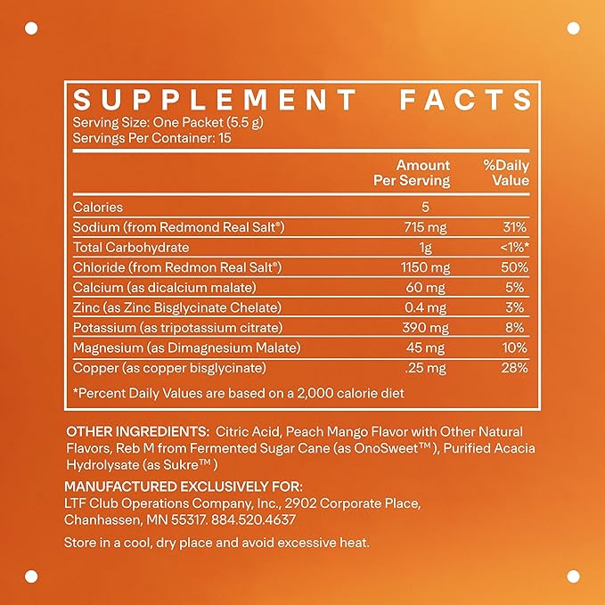 LTH Hydrate Hydration Mix - Trusted by Life Time Fitness Members - NSF Certified for Sport - Electrolyte Powder - Plant-Based, Non-GMO, Gluten Free - 15 Single-Serve Packets (Peach Mango) - 2-Pack