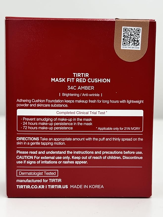 TIRTIR Mask Fit Red Cushion Foundation | Full coverage, Weightless, Skin fit, Satin Glow Finish, Korean Makeup, beauty, Tattoo cover up, Buildable (#34C Amber, 0.63 Fl Oz)