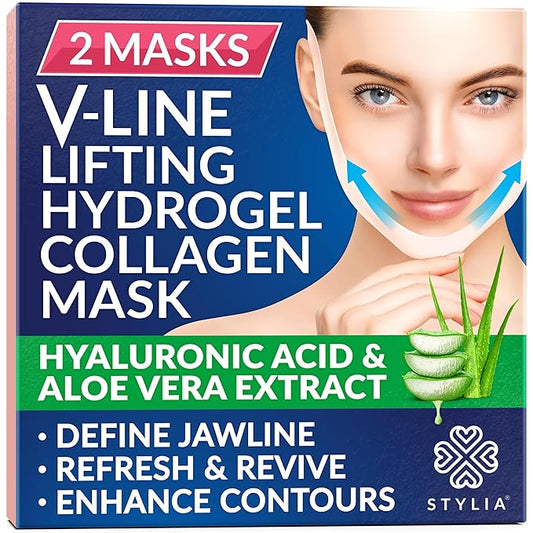 Stylia V Line Lifting Collagen Face Mask - Double Chin Strap for Women - Jawline Shaper Face Lift Tape - Neck Lift Collagen Mask - Chin Strap for Sleeping - Hyaluronic Acid, Aloe Vera, Cica 2PC