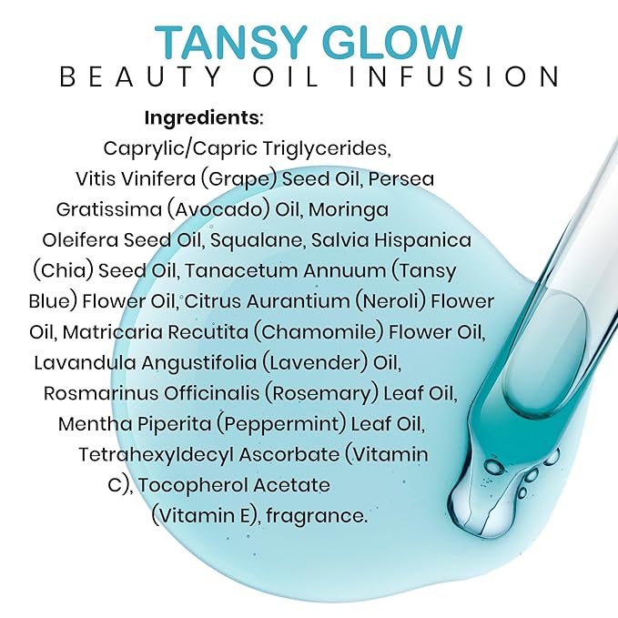 Skinsations - Balancing Face Oil Infusion - TANSY GLOW - Soothing and Calming, Skin Regenerative, Hydrating, Anti-Aging Skin Care - Blue Tansy, Neroli Oil, Chamomile, Moringa Oil, Vitamin C, Vitamin E