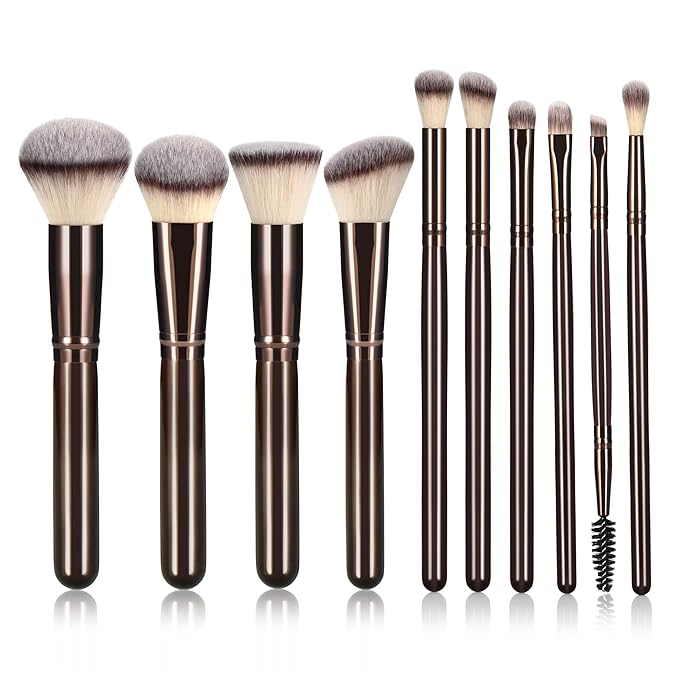 10 Piece Black brown Makeup Brushes - Wooden Handle with Soft Synthetic Bristles,for Face & Eye Makeup|Professional Makeup Brushes set for Women & Girls|