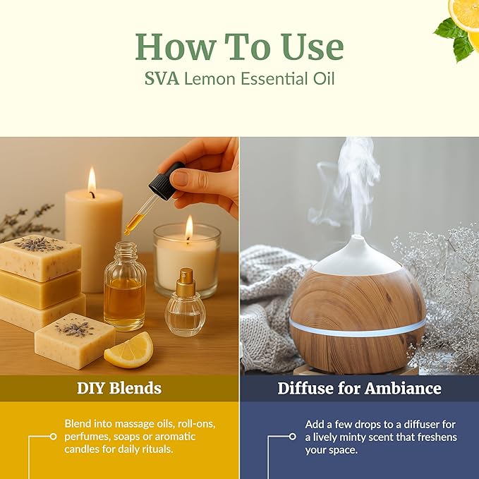 SVA Lemon Essential Oil – 4 Fl Oz – 100% Natural Lemon Oil - for Diffuser, Hair Care, Face, Skin Care, Aromatherapy, Scalp and Body Massage, Soap and Candle Making – with Dropper