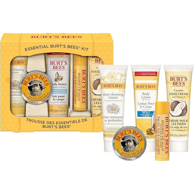 Burt's Bees Back to School Gifts Ideas, 5 Body Care College Dorm Products, Everyday Essentials Set - Original Beeswax Lip Balm, Deep Cleansing Cream, Hand Salve, Body Lotion & Foot Cream, Travel Size