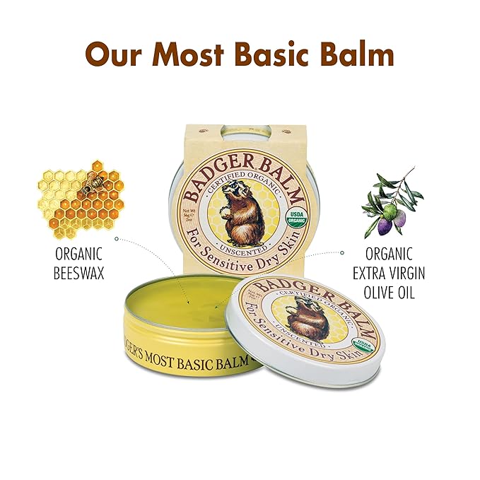 Badger - Unscented Dry Skin Balm, Sensitive Skin Balm, Moisturizing Balm for Dry Cracked Skin, Unscented Balm, Skin Moisturizer Balm, 2 oz (3 Pack)