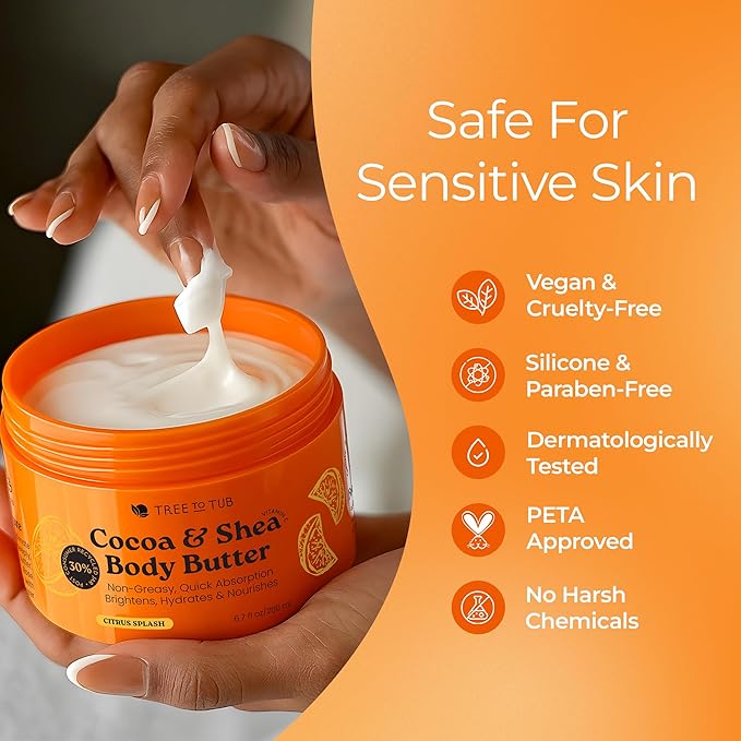 Tree to Tub Shea Body Butter for Dry, Extremely Dry, Sensitive Skin - Moisturizing Body Cream for Women & Men, Hydrating Body Lotion Moisturizer w/Vitamin C, Organic Cocoa, Citrus Scent