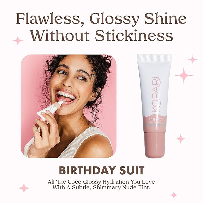 Kopari Coconut Lip Glossy | Nude Tint Birthday Suit | Vegan Hydrating Moisturizing Lip Oil Vitamin E Shea Butter Long Wear High Shine Non Sticky | Natural Clean Plant Based Non Toxic Balm Paraben Free