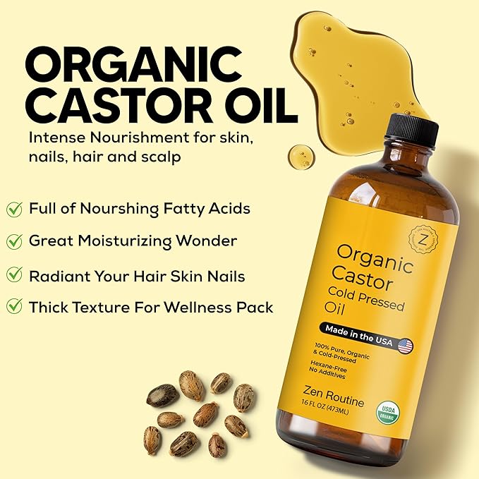 Zen Routine Organic Castor Oil (BIG Glass Bottle - 32oz) Hexane Free – Hair Growth Oil, Eye Lashes & Stomach – Pure 100% Cold Pressed Unrefined Oil for Castor Pack – USDA Certified, Made in the USA