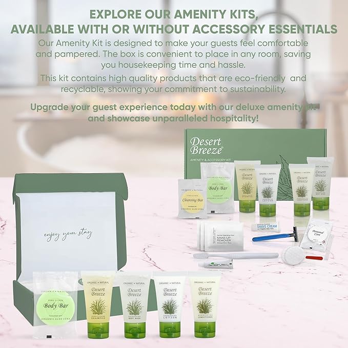 Amenity & Accessory Kit | 1 oz Travel Size Shampoo, Conditioner, Lotion, Body Wash, Body Bar, Cleansing Bar, Shave & Dental Sets, Make-Up Remover Wipes, & Vanity Kit | 1 set per case