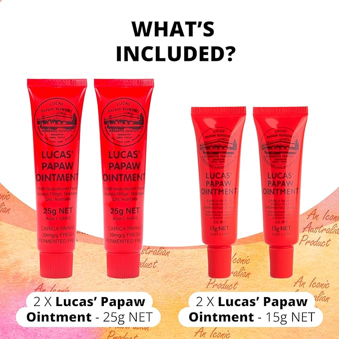 Lucas Pawpaw Lip Ointment, Lucas Pawpaw Cream, Lucas Pawpaw Ointment for Lips & Dry Skin (2x15 Gram plus 2x25 Gram)