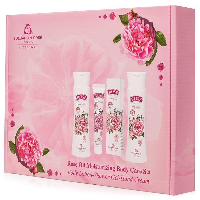 Bulgarian Rose Oil Moisturizing Body Care 3 Piece Gift Set - Natural Rose Body Lotion, Natural Rose Body Wash, Natural Rose Hand Cream