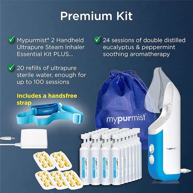 Mypurmist® Premium Value Pack - Handheld Ultrapure Instant Steam Inhaler - Fast Allergy Nasal Congestion Cold Cough Sinus Relief - Vaporizer Humidifier Steamer, Voice Care