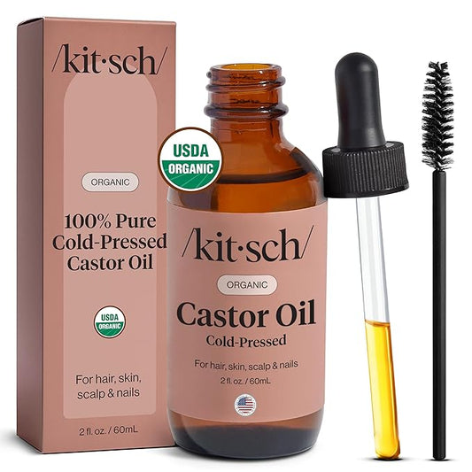 Kitsch Organic Castor Oil for Hair Growth - 100% Pure Castor Oil, Organic Cold Pressed Unrefined Glass Bottle for Face, Skin, Lashes, Brows, Scalp, Nails & Belly Button - Hexane Free, USDA - 2 oz
