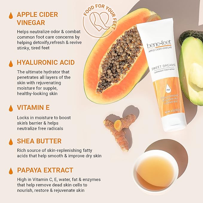 Benefeet Sweet Dreams Overnight Foot Repair - Night Cream for Detox, Moisturize & Soften Dry Cracked Skin, With Apple Cider Vinegar, Turmeric & Borage Oil, 4oz