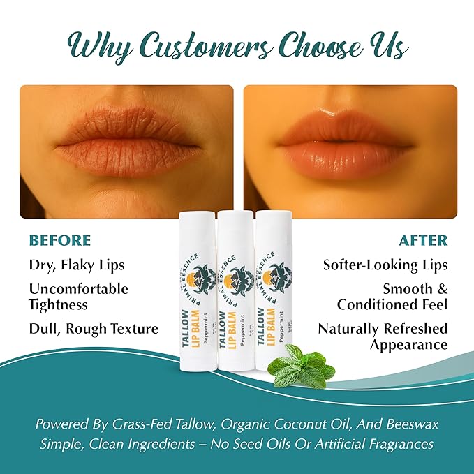 Moisturizing Tallow Lip Balm – Grass-Fed Beef Tallow with Organic Coconut Oil, Beeswax, and Vitamin E – Peppermint – Lip Balm Set – Travel Essential – 3-Pack