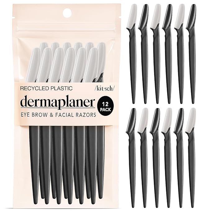 Kitsch Dermaplane Razor for Women Face - Face Razors for Women and Men - Eyebrow Trimmer, Shaver, Recycled Plastic Dermaplaning and Skin Care Tool - Black, 12 pcs