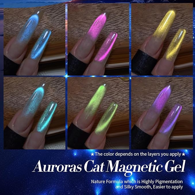 Born Pretty Cat Magnetic Eye Gel Nail Polish Aurora Mermaid Blue Purple Pink Yellow Red Gel Polish Glass Holographic Glitter Gel Nail Polish for Nail Art Manicure Salon DIY 6PCS 7ML