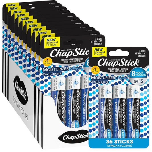 ChapStick Lip Moisturizer, Original 2-in-1 Lipcare SPF 12 3-Packs (12 Sets/36 Tubes) – Bulk Lip Balm, New Formula, 0.15 Oz Ea