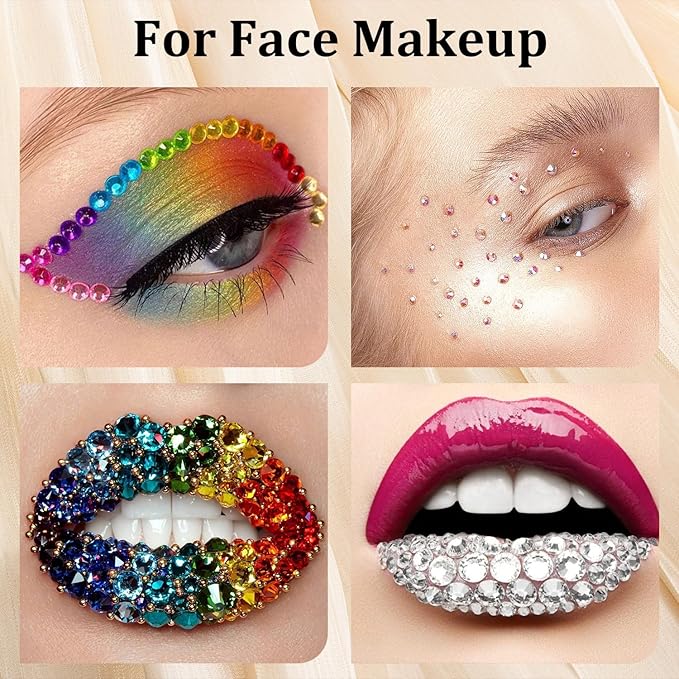 Colorful Face Gems for Makeup Set, Flatback Gorgeous Charming AB Glass Gems with Picker Pencil, Makeup Glue, Tweezer for Eye Body Hair Make-up and Nail Art Deco