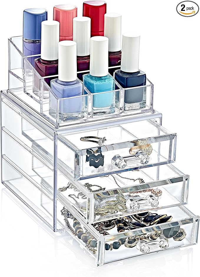 Boxup Makeup Organizer 3 Drawers,Makeup Organizers For Nail Polishers Clear Cosmetic Display Cases Stackable Storage Box With 3 Drawers For Vanity