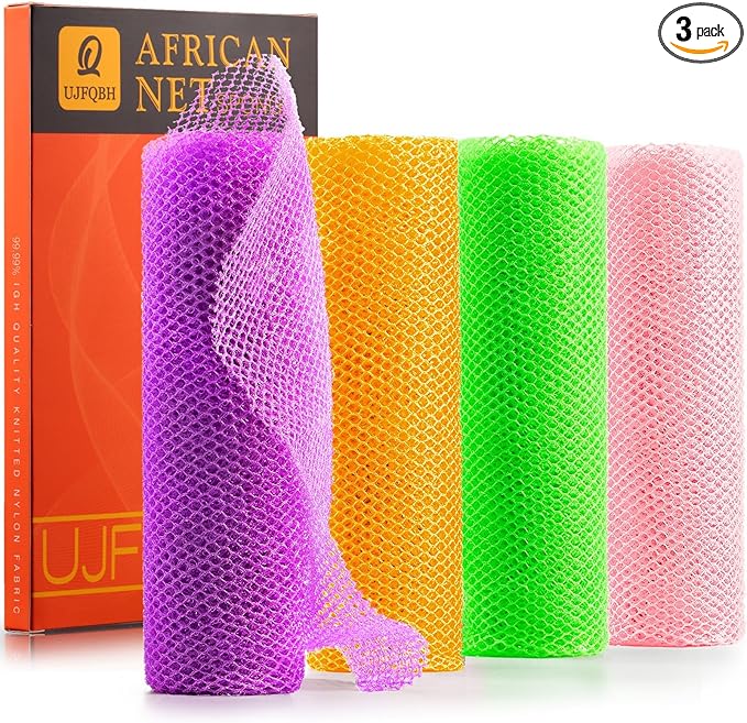 UJFQBH 4 Pieces African Net Sponge African Net Long Net Bath Sponge Exfoliating Shower Body Scrubber Back Scrubber Skin Smoother,Great for Daily Use (Purple, Orange, Green, Pink)