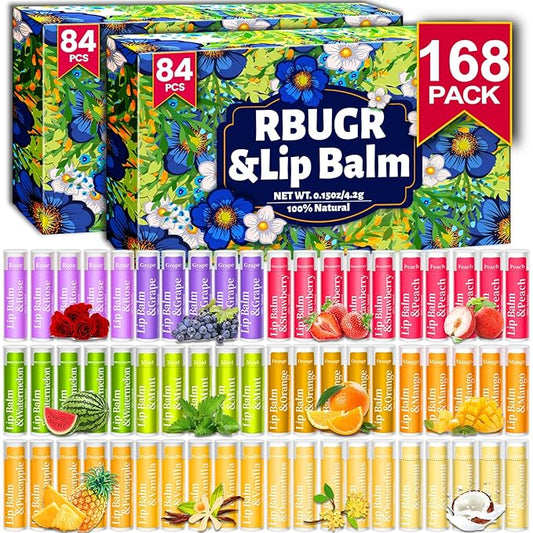 168 Pcs Lip Balm Bulk, 12 Flavored Lip Balm Pack for Women, All Organic Natural Bulk Lip Balms for Dry Cracked Lips, Moisturizing Lip Balms Gift Set(4.2g/0.15oz)