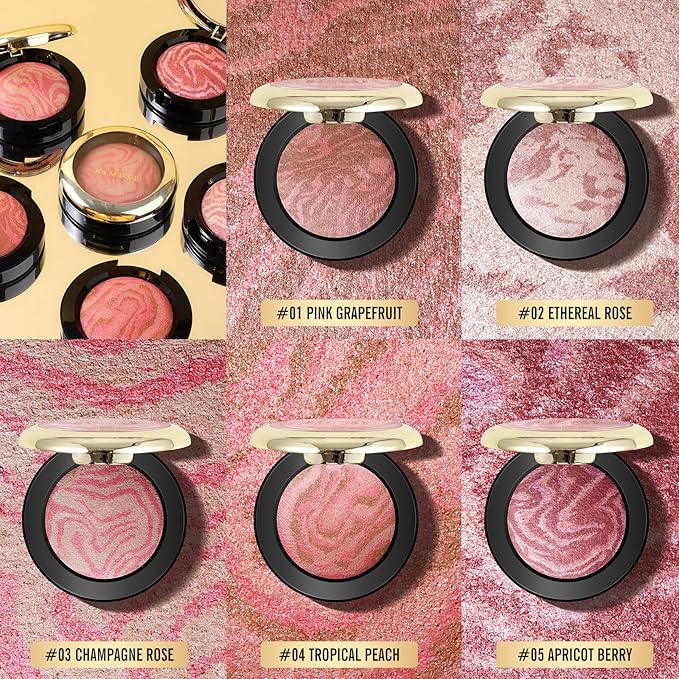 KIMUSE Baked Blush, Lighting Glow Marbleized Blush Powder Blush, Contour & Highlight Face for a Creamy Lightweight Natural Finish