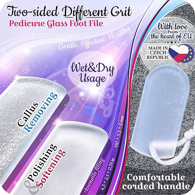 Genuine Czech Glass Foot File by GLADZY - Gentle Callus Remover Foot Rasp, Pedicure & Spa Rough Skin Scrubber, Two-Sided Etched Different Grit Surface, Professional Toenail & Heels Care, Made in EU