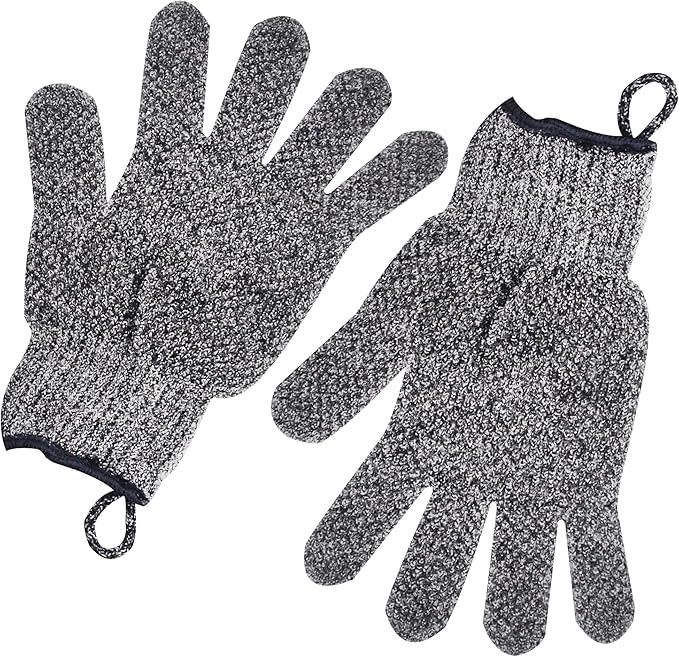 Exfoliating Gloves with Hanging Loop - 1 Pair Bamboo Charcoal Bath/Shower Gloves, Bath Gloves for Shower Exfoliating and Ingrown Hair/Dead Skin Remover - Bamboo Charcoal - Exfoliator Mitt Scrub Gloves