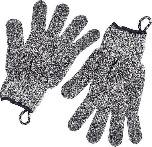 Exfoliating Gloves with Hanging Loop - 1 Pair Bamboo Charcoal Bath/Shower Gloves, Bath Gloves for Shower Exfoliating and Ingrown Hair/Dead Skin Remover - Bamboo Charcoal - Exfoliator Mitt Scrub Gloves