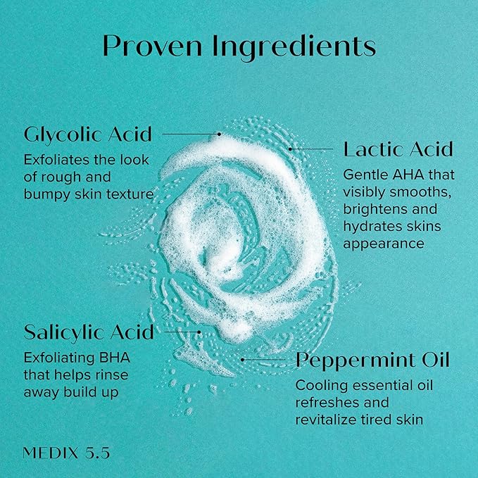 Medix 5.5 Body Scrub Skin Care Glycolic Acid Exfoliating Body Cleanser KP Bump Eraser | AHA + Lactic Acid Anti Aging All Skin Type Wash | Keratosis Pilaris & Acne | Foaming Body & Face Wash, 15 Fl Oz