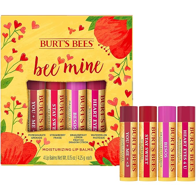 Burt's Bees Bee Mine Lip Balm Gift Set, Strawberry, Dragonfruit Lemon, Pomegranate and Watermelon, 4 Personalized Lip Balms, Pack May Vary