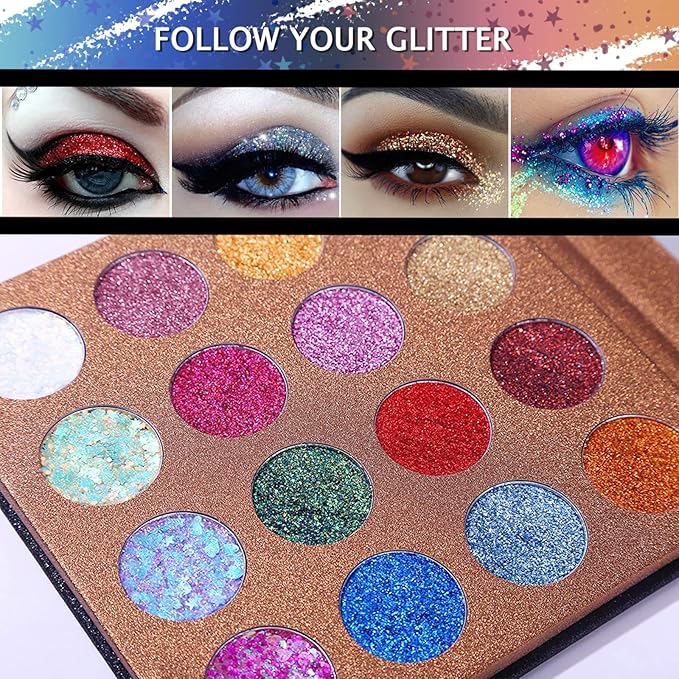 UCANBE Pro Glitter Eyeshadow Palette - Professional 16 Colors - Chunky & Fine Pressed Glitter Eye Shadow Powder Makeup Pallet Highly Pigmented Ultra Shimmer for Face Body