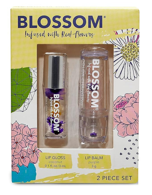 Blossom Moisturizing Custom Color Changing Crystal Lip Balm Strawberry Scented Lip Stain Tint, Mini Coconut Rollon Scented Lip Gloss, Infused with Real Flowers, 2 pk, Coconut/Purple
