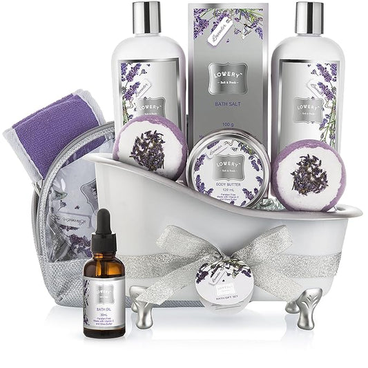Bath Gift Basket Set for Women: Relaxing at Home Spa Kit Scented - Lavender and Jasmine with Large Bath Bombs, Salts, Shower Gel, Body Butter Lotion, Bath Oil, Bubble Bath, Loofah & More