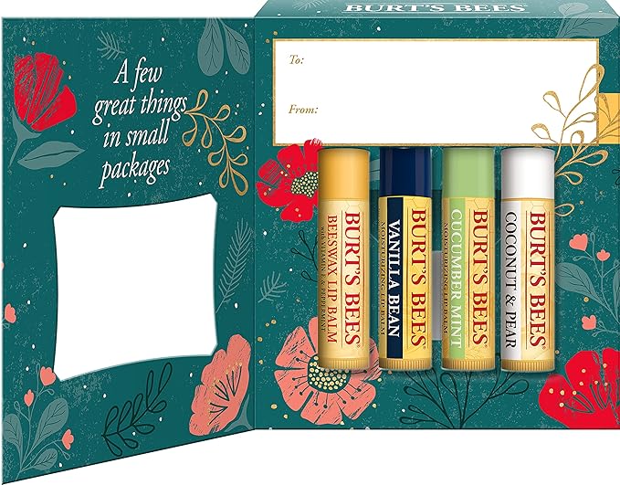 Burt’s Bees Holiday Gift, 4 Lip Balm Stocking Stuffer Products, Beeswax Bounty Assorted Set - Original Beeswax, Vanilla Bean, Cucumber Mint & Coconut Pear (Old Verison)