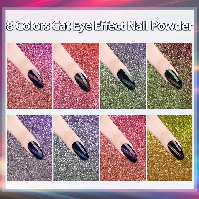 Laza 8 Colors Cat Eye Chrome Nail Powder Chameleon Magnetic Powder 3D Cat Eye Mirror Effect Pigment Dust Magic Galaxy Effect Glitter for Velvet Nail Art - Discolor Candy