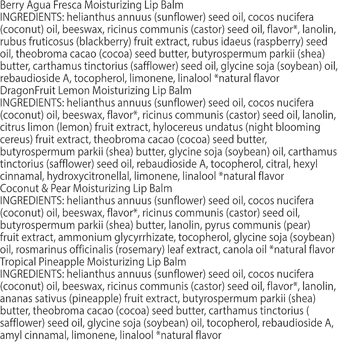 Burt's Bees Lip Balm - Berry Agua Fresca, Dragonfruit Lemon, Coconut & Pear, Tropical Pineapple Pack, With Beeswax, Tint-Free, Natural Origin Lip Treatment, 4 Tubes, 0.15 oz.