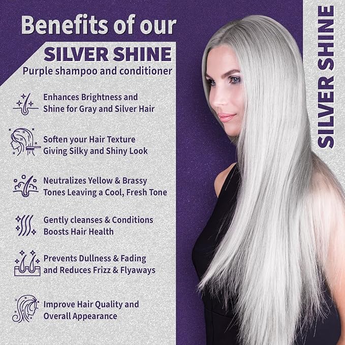 Natural Riches Radiant Silver Shine Purple Shampoo and Conditioner Set for Gray Hair - Paraben-Free and Color Safe – With Silk Proteins, Tones Dull Hair, Softens & Adds Shine - 16 fl oz