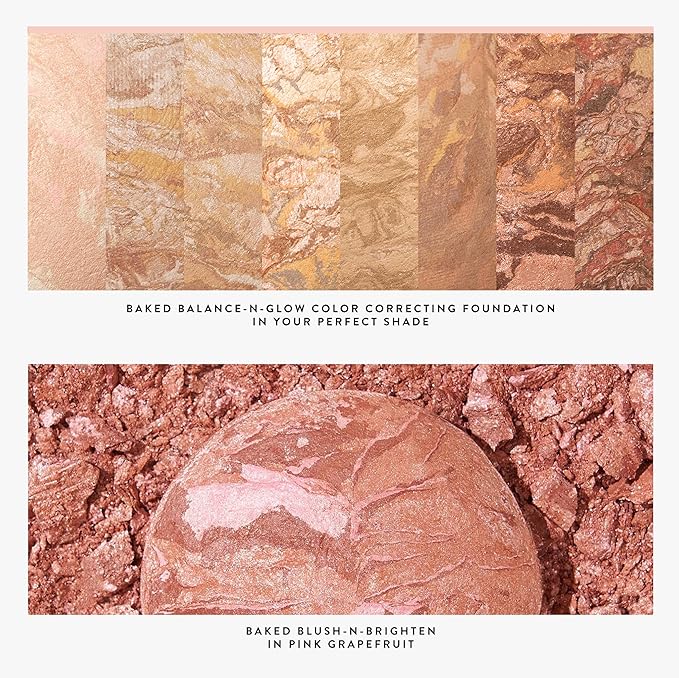 Blush-n-Glow Kit (3 PC): LAURA GELLER NEW YORK Baked Balance-N-Glow Illuminating CC Powder Foundation Toffee, Retractable Kabuki Brush, Baked Blush-N-Brighten Pink Grapefruit