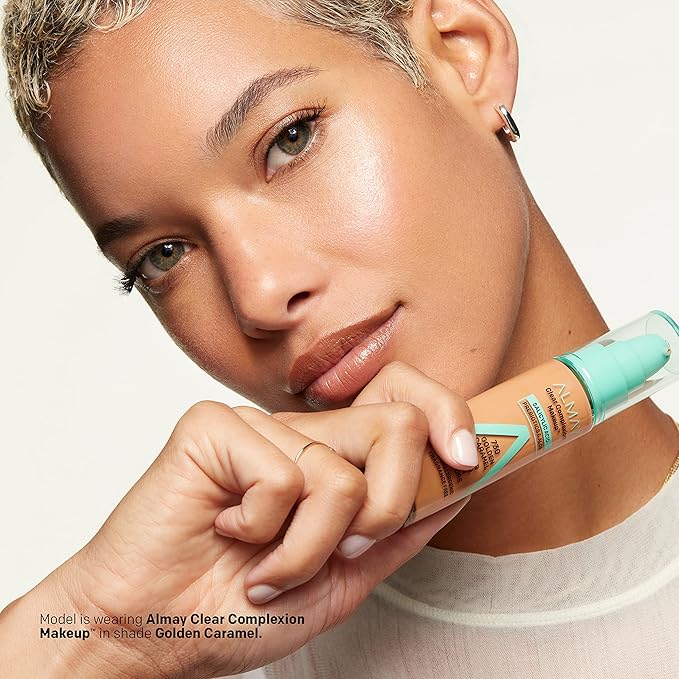 Almay Clear Complexion Acne Foundation Makeup with Salicylic Acid - Lightweight, Medium Coverage, Hypoallergenic, Fragrance-Free, for Sensitive Skin, 750 Golden, 1 fl oz.