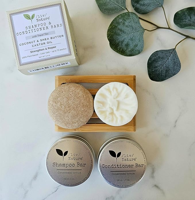 Shampoo Bar and Conditioner Set with Travel Case | Strengthen and Repair Dry Hair | Coconut, Castor Oil, Shea Butter | Made in USA | 2-pk