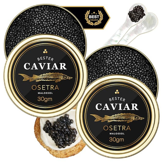 OVERNIGHT GUARANTEED, BESTER Premium Russian Osetra Sturgeon Caviar - 2x 1 oz-30G (Duo Pack) 2 tins of 30g each - Malossol Ossetra Black Roe - Premium Quality, Traditional Style, imported