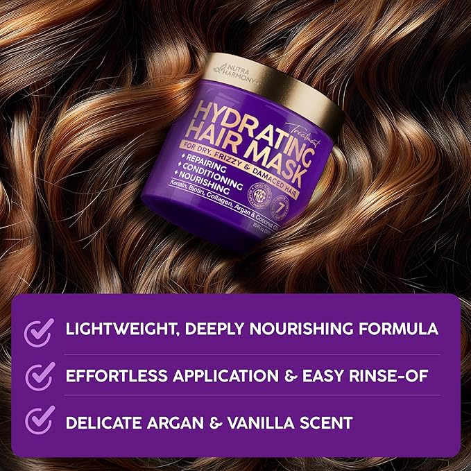 NUTRAHARMONY Hydrating Hair Mask for Dry, Frizzy & Damaged Hair – Deep Conditioning Keratin Treatment with Argan & Coconut Oils, Collagen & Biotin – Repairing, Anti-Frizz Hair Mask for Women, 10oz