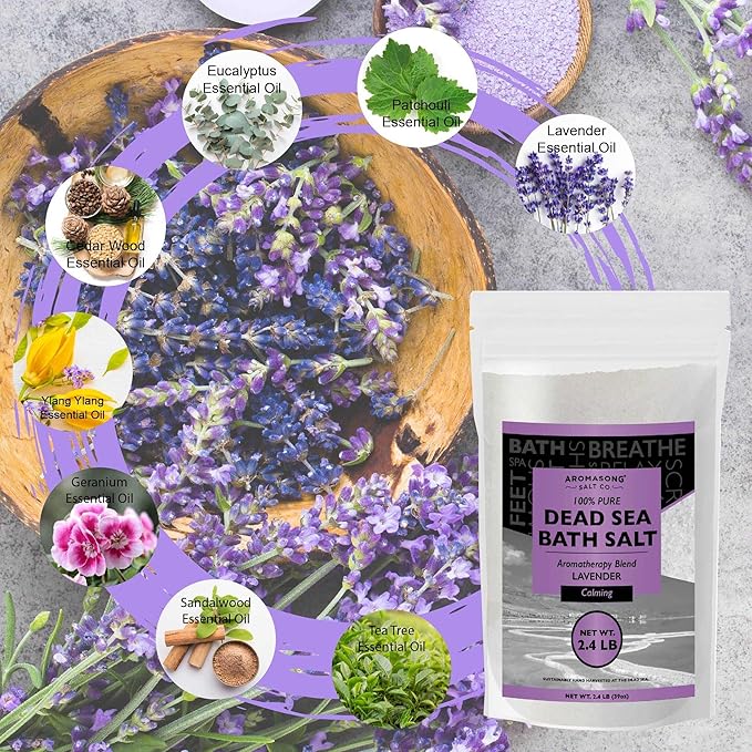 Aromasong Pure Dead Sea Salt for Soaking with 100% Natural Lavender, 2.43 LB - Spa Bath Salt Fine Grain - Body Wash Scrub - Soak for Women & Men- Bulk Resealable Pack